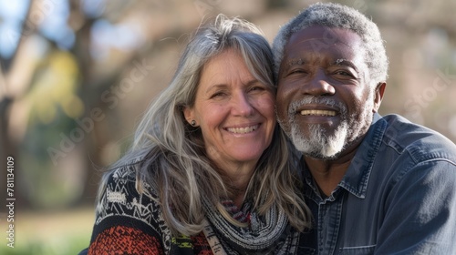 Elderly mixed race couple African American man and Caucasian woman enjoying outdoors their relationship and marriage © Denis