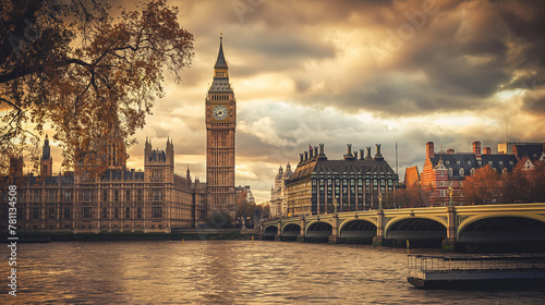Big Ben is a tower in London, overlooking a river with a bridge in the foreground. The cityscape at dusk, with the sky filled with clouds, creates a picturesque view for travelers