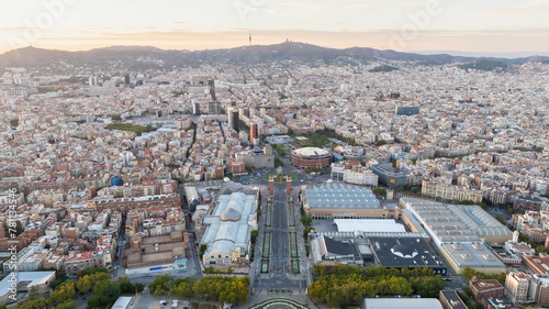 Aerial view of Barcelona city. Drone shot.