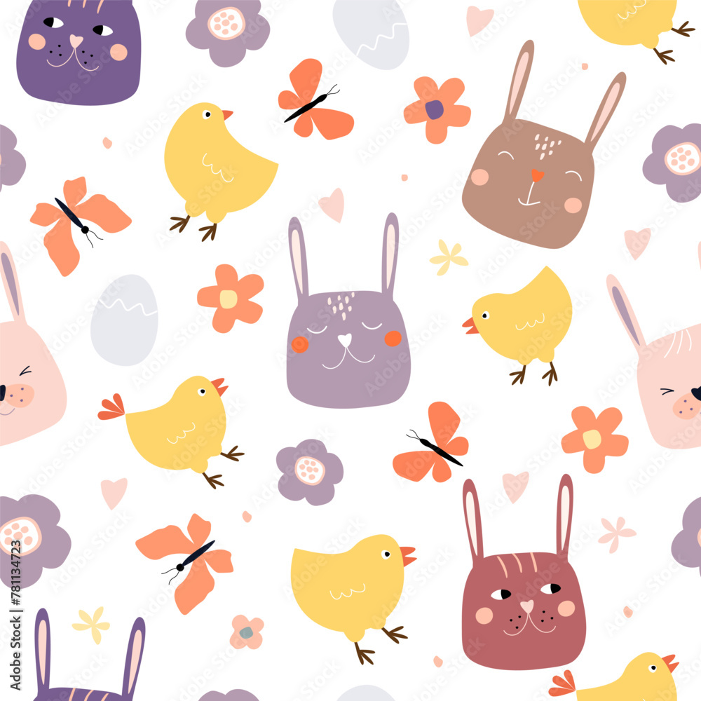 Seamless pattern with funny faces of rabbits, chickens, vets, butterflies, eggs. Abstract cute spring print. Vector graphics. - obrazy, fototapety, plakaty 