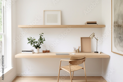 Minimalist workspace  sleek wooden table  ergonomic