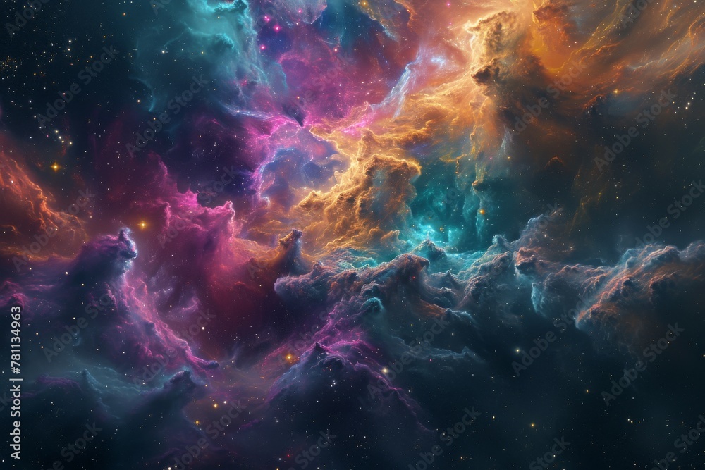 A vibrant space scene featuring numerous stars and clouds against a colorful backdrop, A splash of galaxy colors intermingled into cosmic clouds, AI Generated