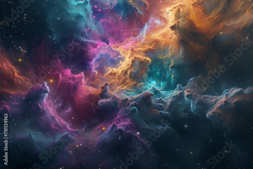 A vibrant space scene featuring numerous stars and clouds against a colorful backdrop  A splash of galaxy colors intermingled into cosmic clouds  AI Generated