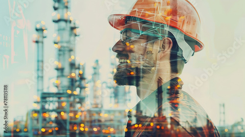 Double Exposure Smiling Engineer and Oil Refinery, with empty copy space