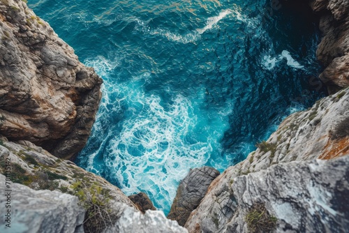 This photo captures a stunning view from a cliff, showcasing a scenic body of water in all its natural beauty, A soaring view of a vibrant sea and dramatic rocky cliffs, AI Generated