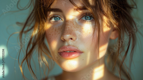 portrait of a woman with brown hair and blue eyes on a blue background in beautiful lighting from the window 