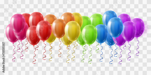 Festive 3d helium balloons isolated on png background. Realistic colorful balloons template for anniversary, Birthday party design. Vector illustration on transparent background