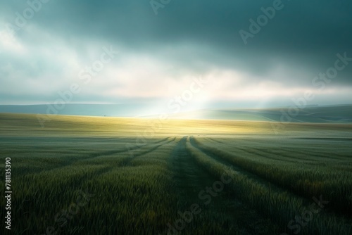 A dirt road cuts through a vast field  offering a path through the open landscape  A softly lit tunnel standing alone in a vast field  AI Generated