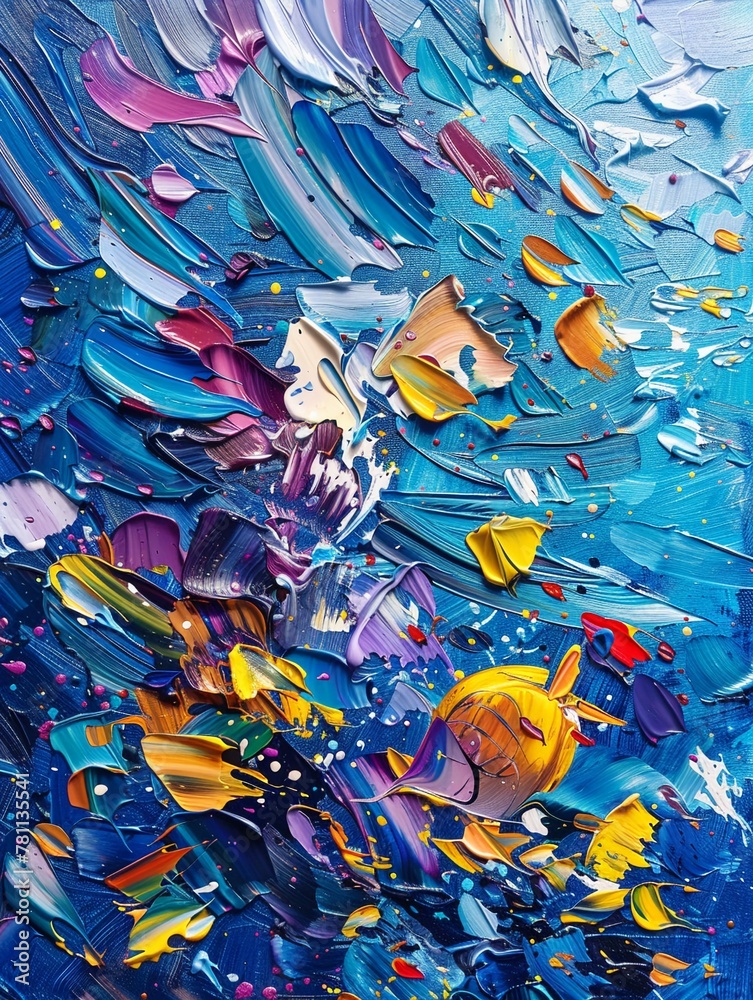 Palette knife abstract of ocean life, marine animals in oil paint, rich and vibrant on a dynamic background with intense lighting and vivid highlights