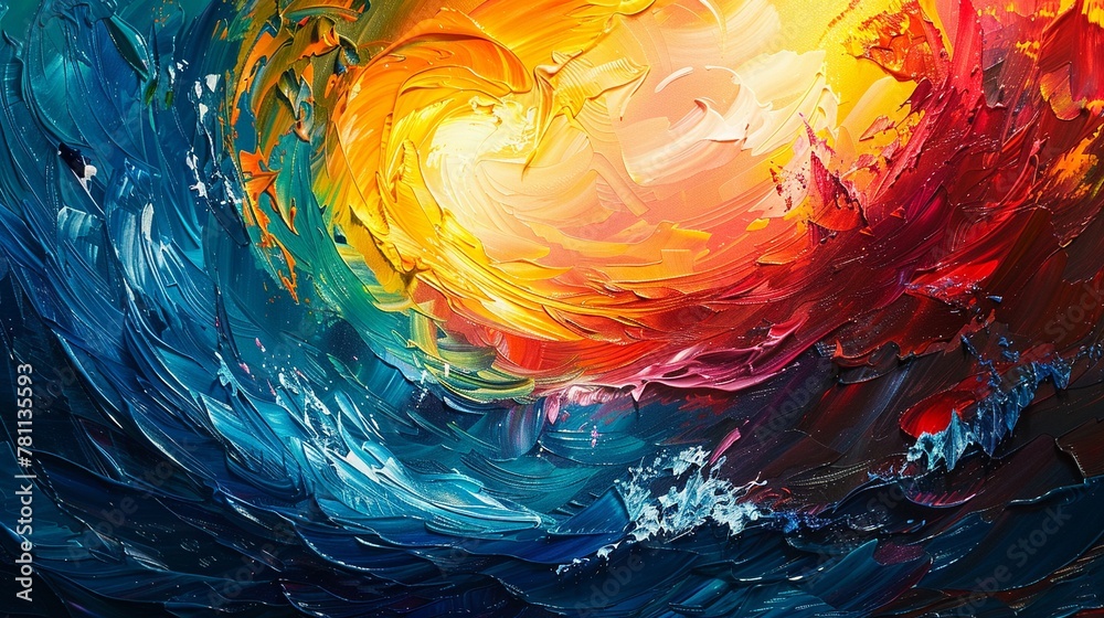 Oil painting, abstract ocean scene with marine animals, summer palette knife style, on a lively background with striking lighting Oil painting, abstract ocean scene with marine animals, summer palette knife style, on a lively background with striking lighting