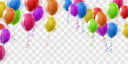  Festive 3d helium balloons isolated on png background. Realistic colorful balloons template for anniversary, Birthday party design. Vector illustration on transparent background