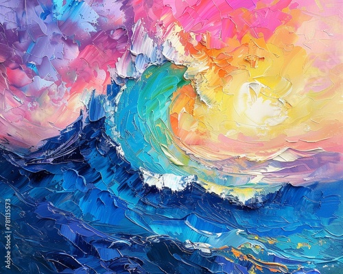 Abstract oil painting of the ocean with marine animals, vibrant summer colors, palette knife technique, on a colorful background with dramatic lighting
