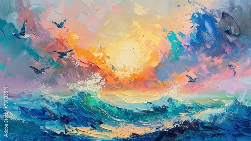 Oil painting, abstract ocean scene with marine animals, summer palette knife style, on a lively background with striking lighting photo