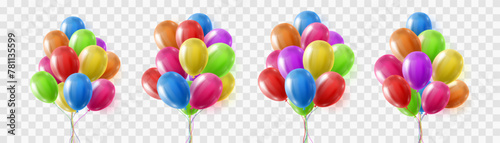 Festive 3d helium balloons isolated on png background. Realistic colorful balloons template for anniversary, Birthday party design. Vector illustration on transparent background