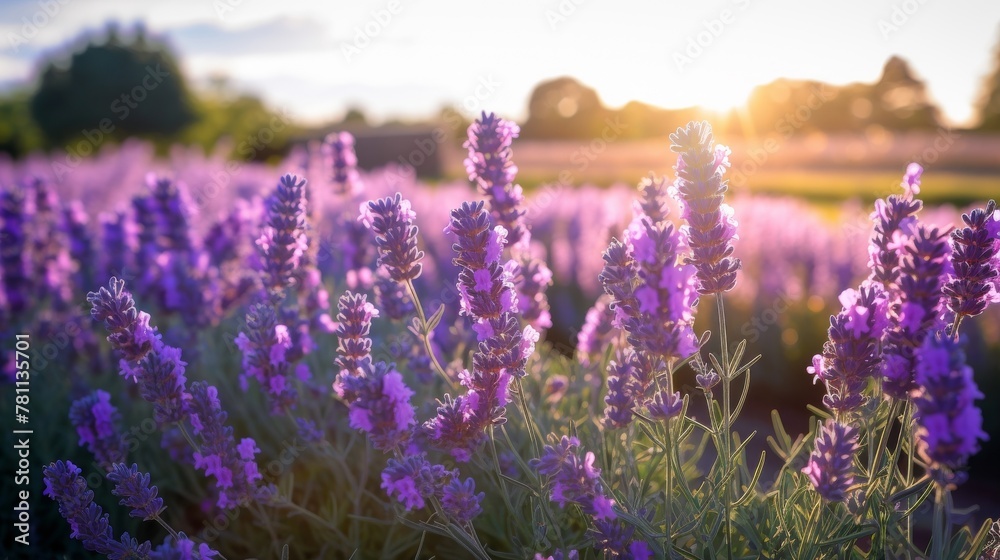 Obraz premium Afternoon sun on a field of vibrant purple lavender