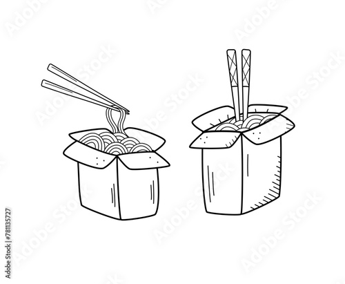 Noodles with chopsticks in a box, doodle icon. Vector illustration of Chinese food, udon. Isolated on white.
