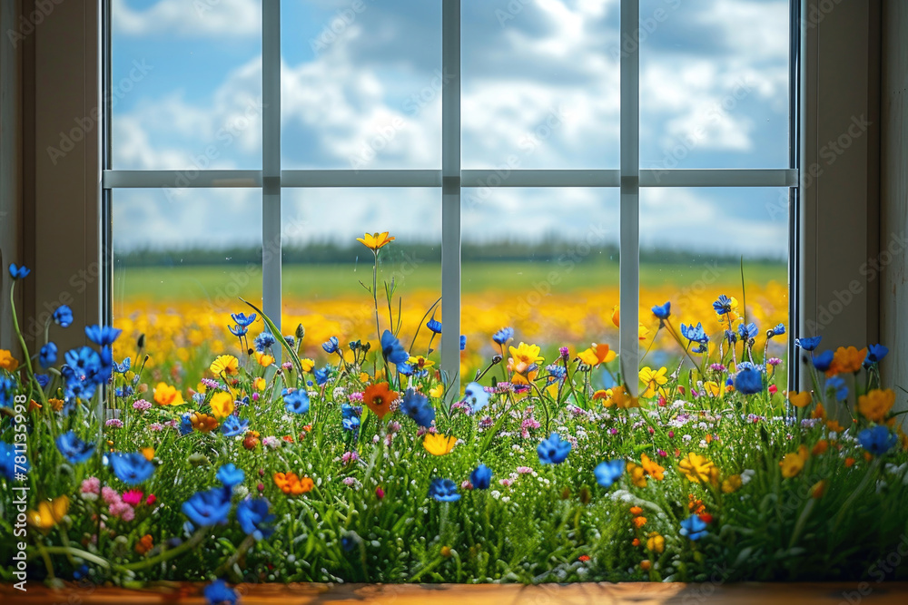 Fototapeta premium A picturesque flower-filled meadow seen through a window