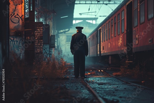 A man is seen standing on a train track, next to a train, with a scenic background, A spectral train conductor forever waiting at an abandoned station, AI Generated photo