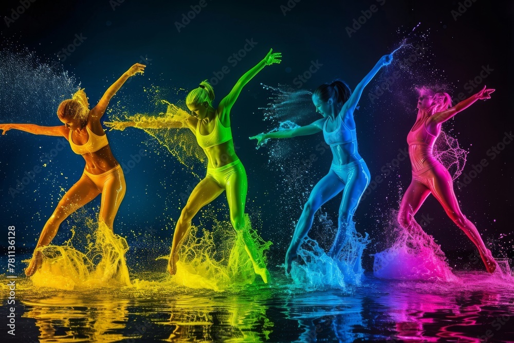 Fototapeta premium A group of women joyfully dancing and splashing in the water, creating a lively and energetic atmosphere, A splash of colors representing various group fitness classes, AI Generated