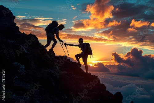 Two People Climbing Up a Mountain at Sunset, A spirited helping hand from hiker to friend amid a challenging climb, AI Generated