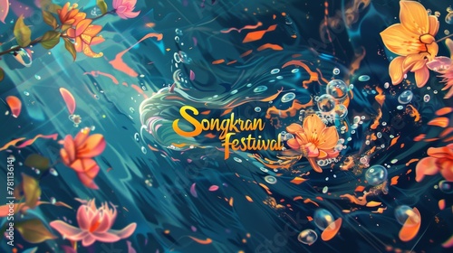 Songkran festival - water holiday in Thailand. Calligraphy lettering text on background with water and flowers. Template for poster, flyer or banner © Artlana