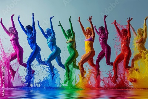 A lively group of women in swimsuits joyfully jumping into the water, A splash of colors representing various group fitness classes, AI Generated © Ifti Digital