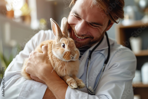 Joy in animal care is evident between a vet and a rabbit.