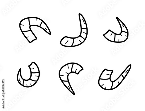 Cooked shrimp set, doodle icon. Vector illustration of seafood isolated on white.