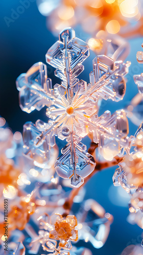 macro of a snowflake, intricate patterns and crystal clear details