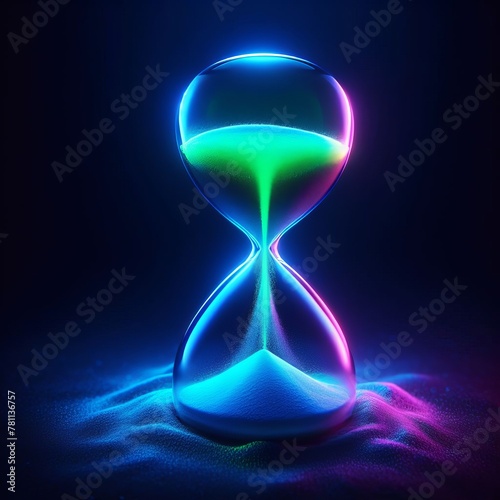 An abstract hourglass glows with iridescent light, casting vivid reflections on a surface that mimics a surreal, digital terrain. AI Generation