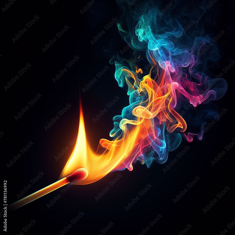 An artistically rendered matchstick at the moment of ignition, with vibrant multicolored smoke billowing against a dark backdrop.. AI Generation An artistically rendered matchstick at the moment of ignition, with vibrant multicolored smoke billowing against a dark backdrop.. AI Generation