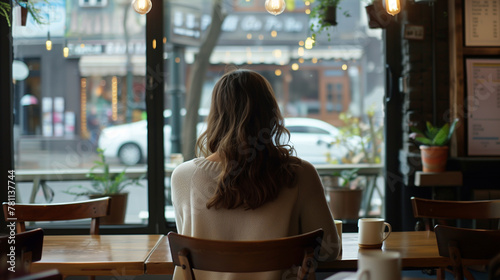 Woman sitting alone in a cafe, contemplating the street view, relaxed urban lifestyle.