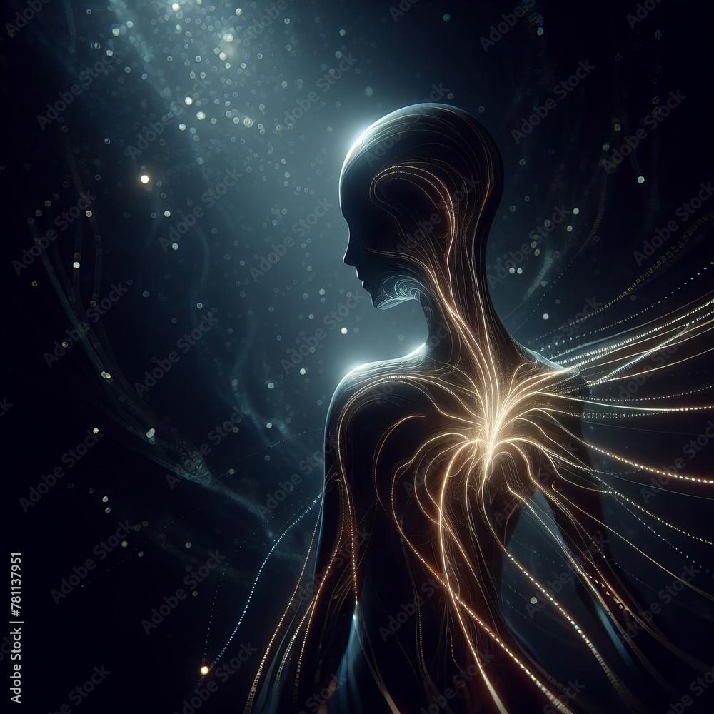 An ethereal digital artwork featuring a side profile of a female ...