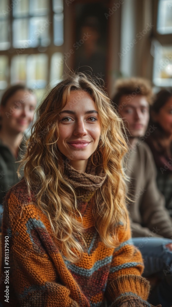 Obraz premium Smiling young woman in cozy sweater, surrounded by friends, at a meeting, warmth, happiness. 