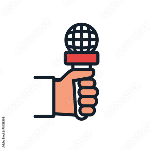 Hand holding microphone. Live news, report template. Journalism concept. Journalist, reporters interviews. Minimal line design. Vector illustration flat style. Isolated on white background.