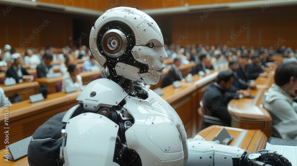 Android robot engages an audience at a business conference, symbolizing technological advancement and AI integration in modern society.