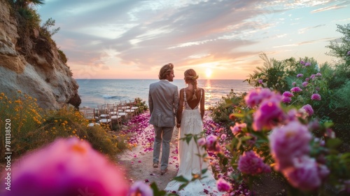 Enchanting bride and groom standing by the sea at sunset, surrounded by a beautiful floral arrangement, exuding romance and love during their beach wedding. photo