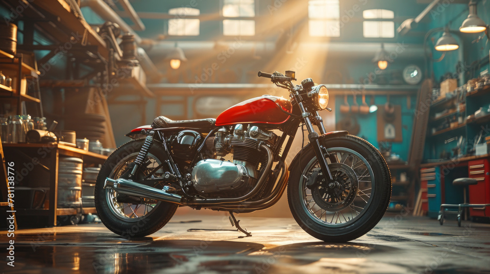 Classic red custom bobber motorcycle stands proudly in a vintage-style garage with atmospheric lighting. Classic red custom bobber motorcycle stands proudly in a vintage-style garage with atmospheric lighting.