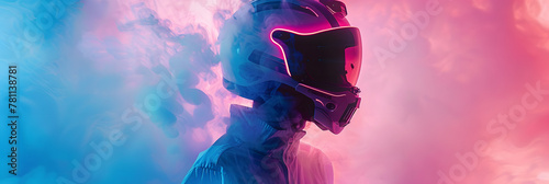 An ethereal silhouette of a helmeted character amidst swirling, neon-hued smoke evokes a feeling of surrealism photo