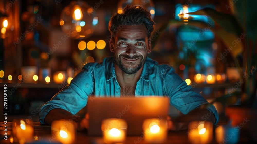 Dedicated male maniac businessman working overtime in a private office, illuminated by warm ambient lighting. Dedicated male maniac businessman working overtime in a private office, illuminated by warm ambient lighting.