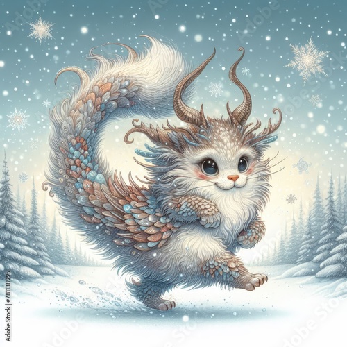 An enchanting cat-dragon with a spiral tail roams a dreamy winter landscape  its eyes filled with wonder and mystical allure.. AI Generation