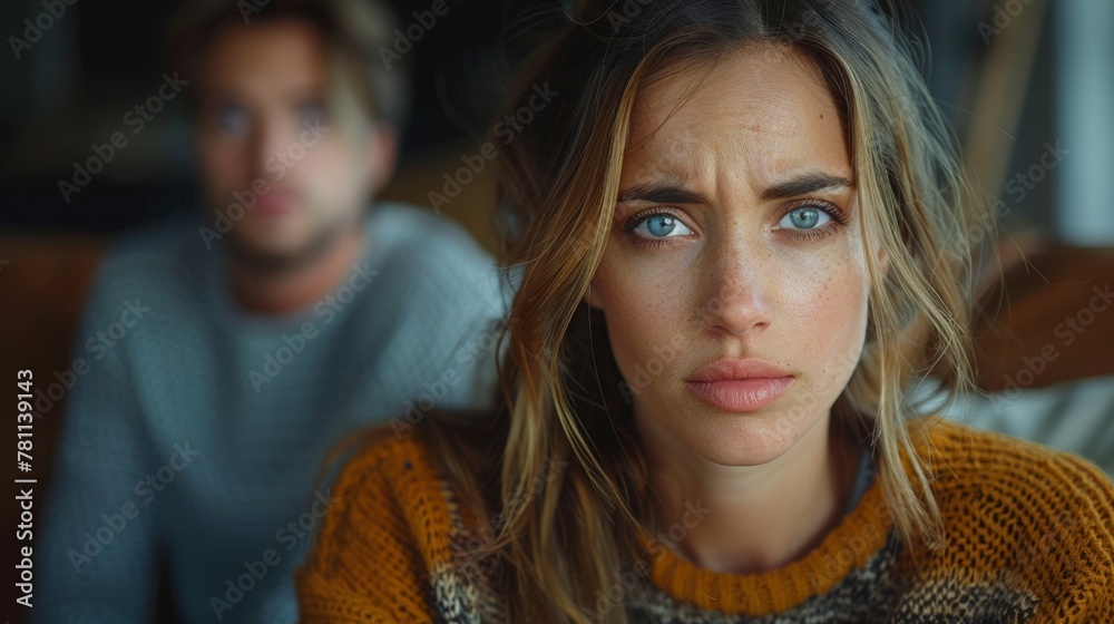 Close-up portrait of a young woman looking teary eyed with a male partner supporting her in the blurred background, conveying a moment of emotional distress and companionship. Close-up portrait of a young woman looking teary eyed with a male partner supporting her in the blurred background, conveying a moment of emotional distress and companionship.