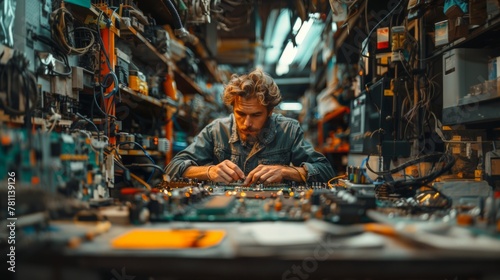 Professional male engineer meticulously soldering a circuit board amidst the organized chaos of an electronics workshop. © AS Photo Family