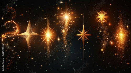 An illustration template art design of illuminated stars with sparkles isolated on black background. Suitable as an illustration template art design, banner for Christmas celebrations, magic flash