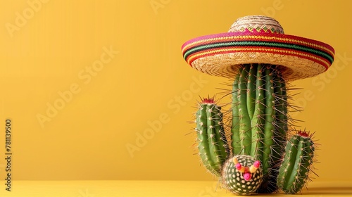 Playful cactus donning a sombrero, on a solid yellow background, bringing Cinco de Mayo celebration to life