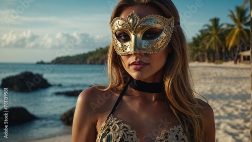 Woman wearing golden, theatrical mask on the beautiful tropical beach, stunning sky in the background