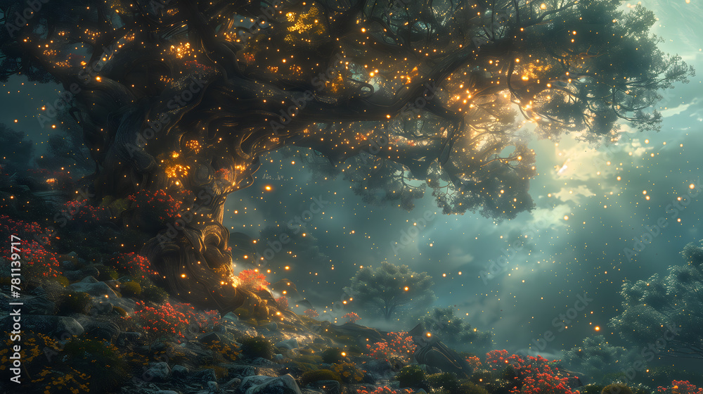 Fototapeta premium Enchanted forest scene with glowing lights and ancient tree