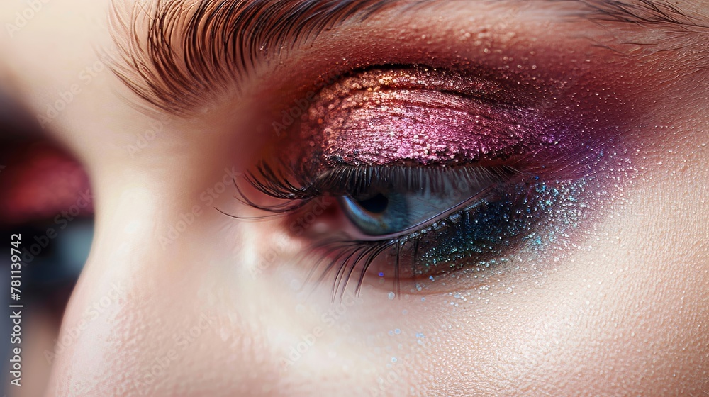 Artistic blending of eyeshadows, close-up on the seamless transition of colors, makeup mastery at its finest