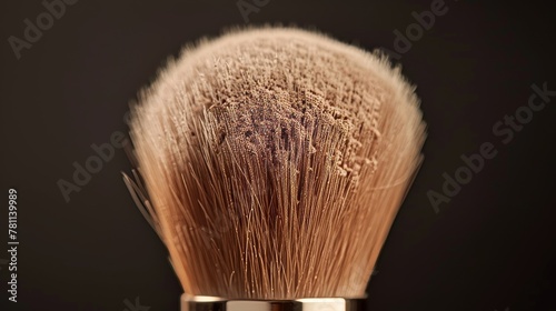 Close-up of a luxurious powder brush against a backdrop of beauty products, highlighting its fluffy bristles