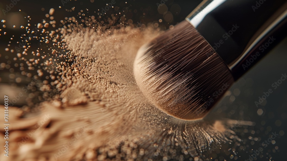 Close-up on foundation application, powder brush in motion, highlighting the art of makeup blending - obrazy, fototapety, plakaty 